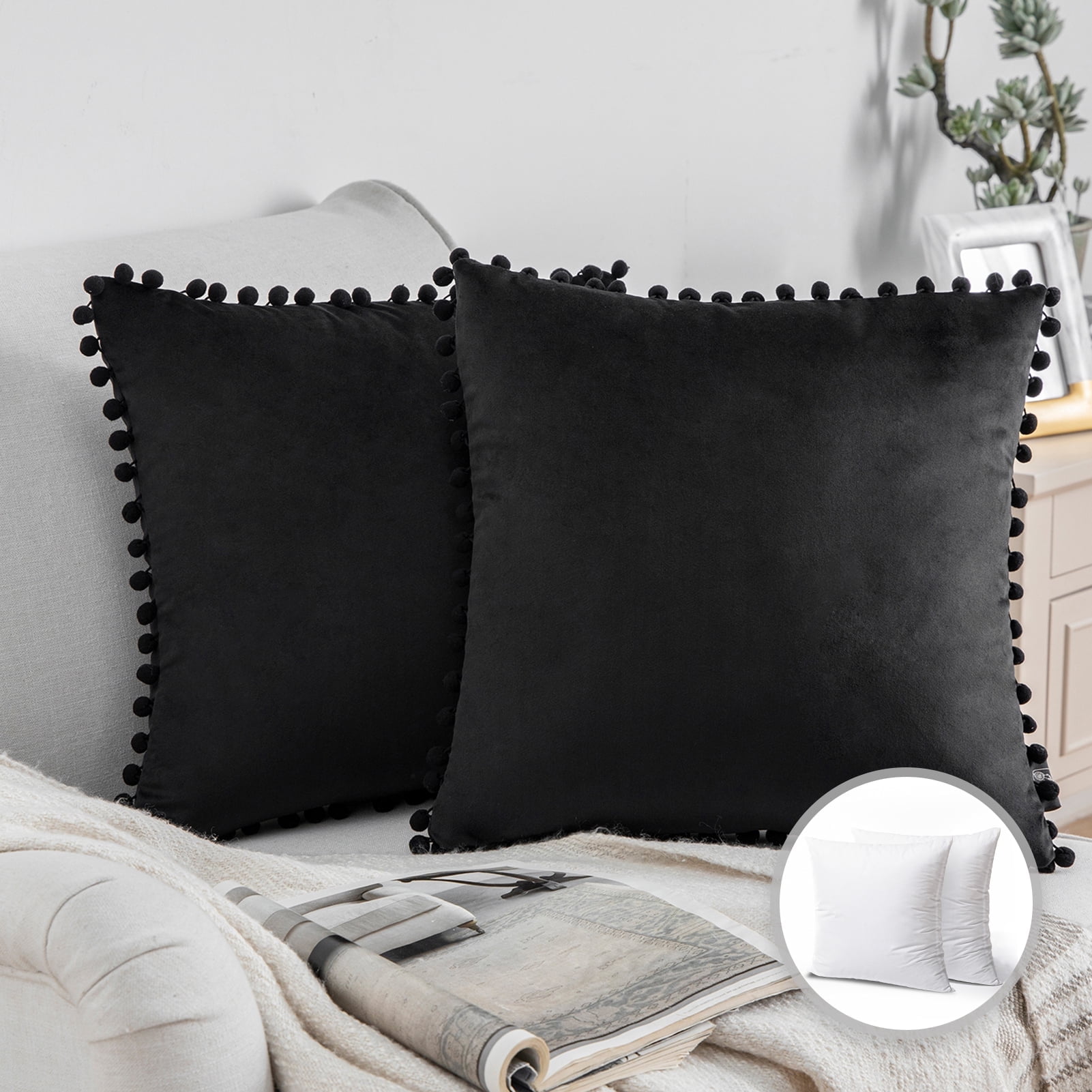 Phantoscope Throw Pillow with Insert，Silky Velvet Series Pom Pom Decorative pillow, 22" x 22", Black, 2 Pack