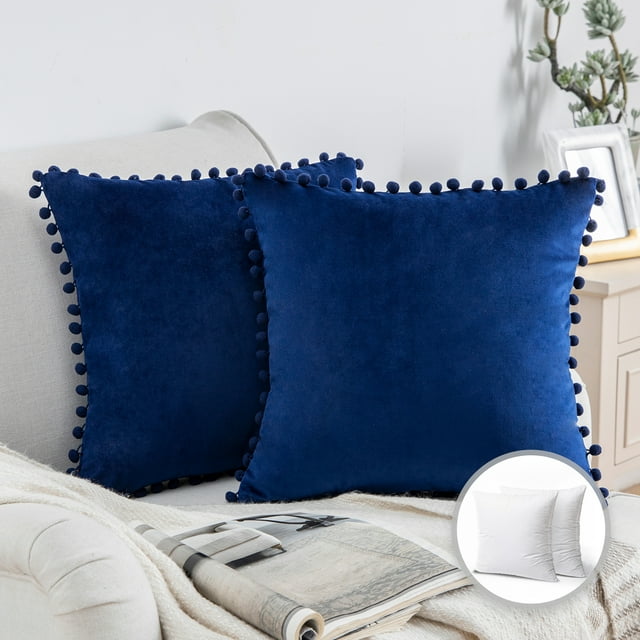 Phantoscope Throw Pillow with Insert，Silky Velvet Series Pom Pom Decorative pillow, 22" x 22", Navy Blue, 2 Pack
