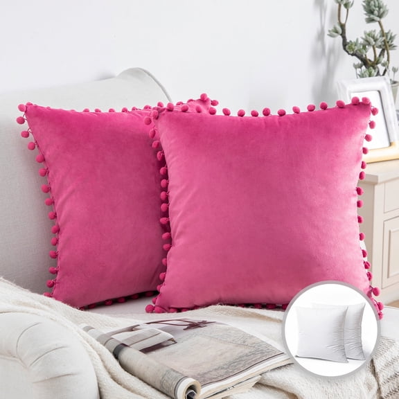 Phantoscope Throw Pillow with Insert，Silky Velvet Series Pom Pom Decorative pillow, 22" x 22", Pink, 2 Pack