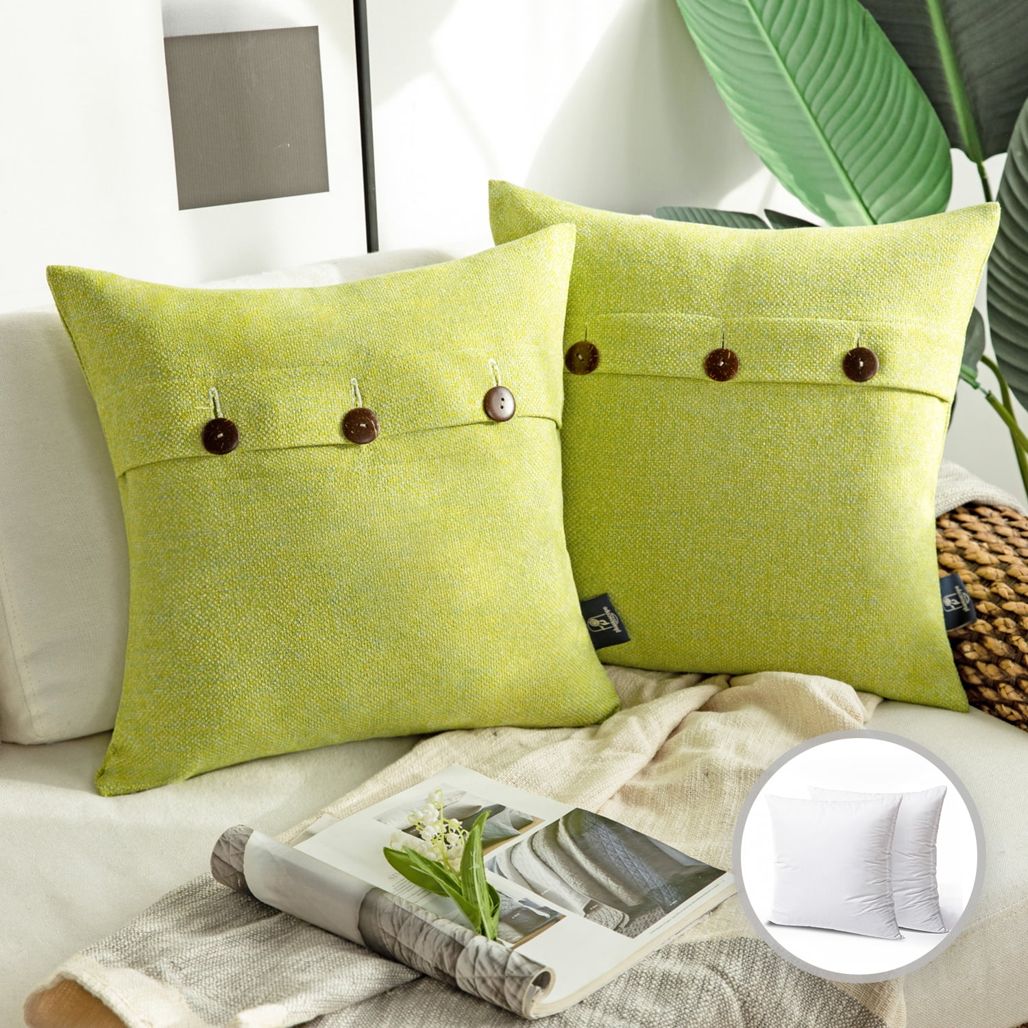 Phantoscope Triple Button Cotton Blend Series Decorative Throw Pillow, 22" x 22", Yellow Green, 2 Pack