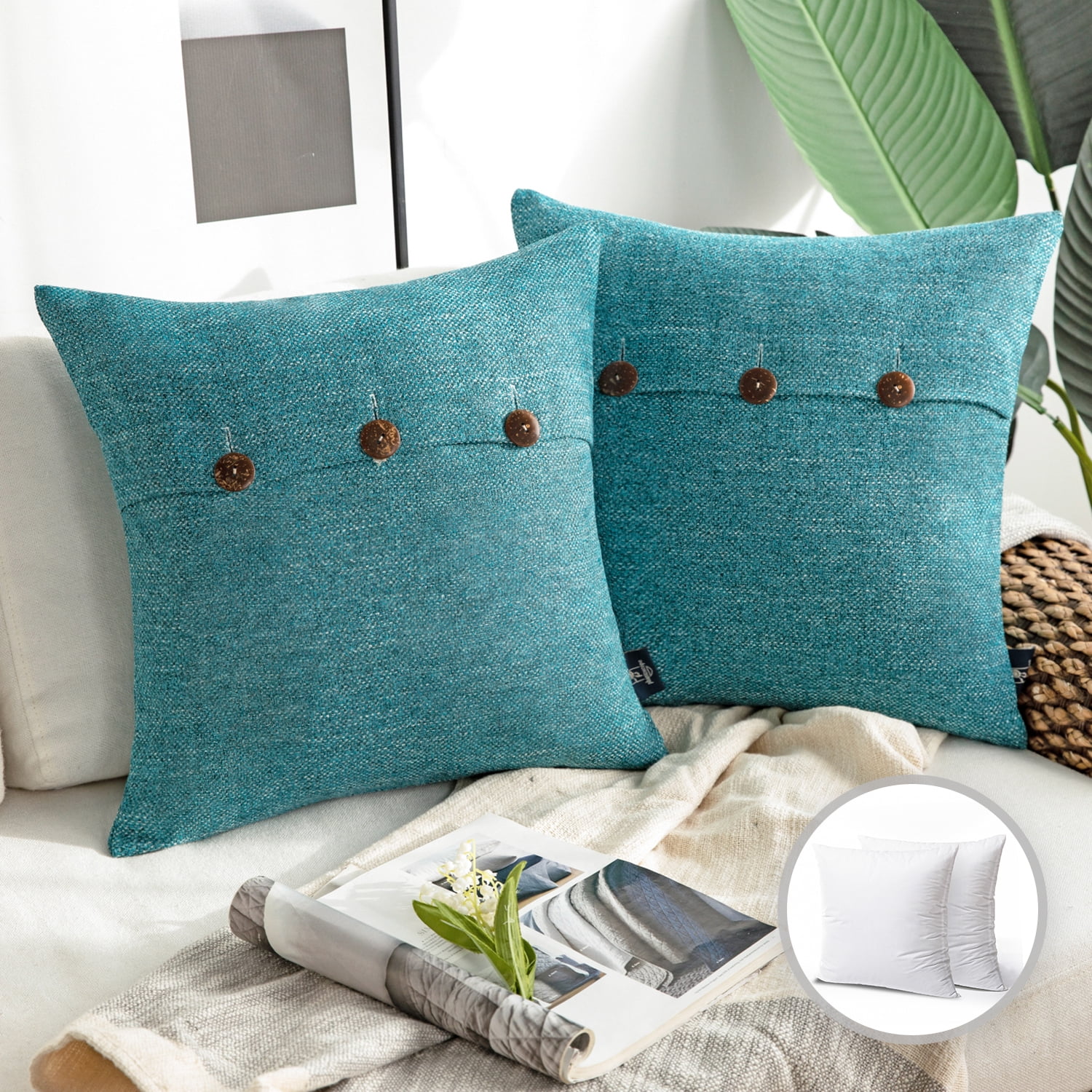 Phantoscope Triple Buttons Cotton Blend Series Farmhouse Square Decorative Throw Pillow Cusion for Couch, 20" x 20", Lake Blue, 2 Pack