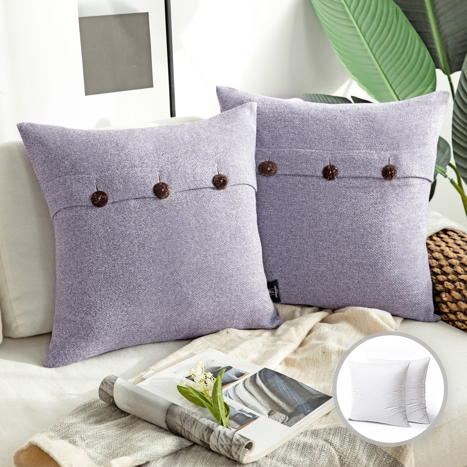 Phantoscope Triple Buttons Cotton Blend Series Farmhouse Square Decorative Throw Pillow Cusion for Couch, 20" x 20", Light Purple, 2 Pack