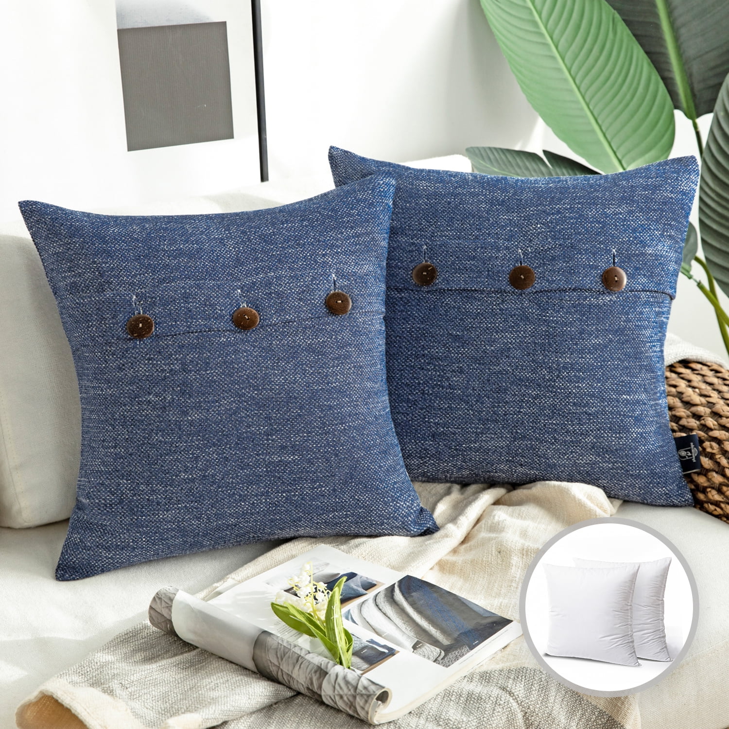 Phantoscope Triple Buttons Cotton Blend Series Farmhouse Square Decorative Throw Pillow Cusion for Couch, 20" x 20", Navy Blue, 2 Pack