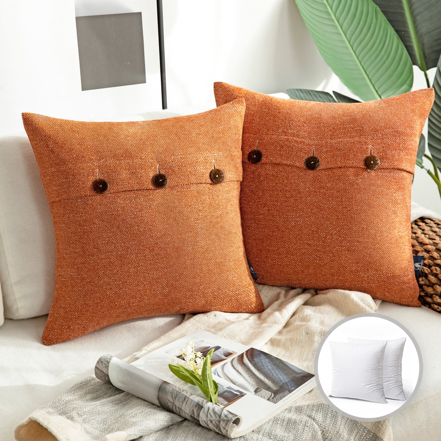 Phantoscope Triple Buttons Cotton Blend Series Farmhouse Square Decorative Throw Pillow Cusion for Couch, 20" x 20", Orange, 2 Pack