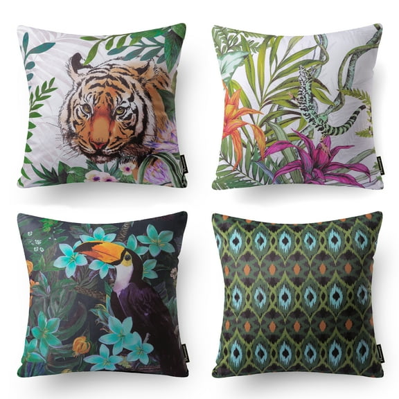 Holiday Deal Selection Tropical Series Decorative Throw Pillow Covers, 18" x 18", Green Jungle, Set of 4