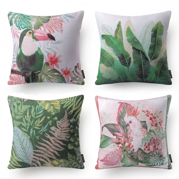Phantoscope Tropical Series Decorative Throw Pillows, Pink Birds, 18" x 18", set of 4
