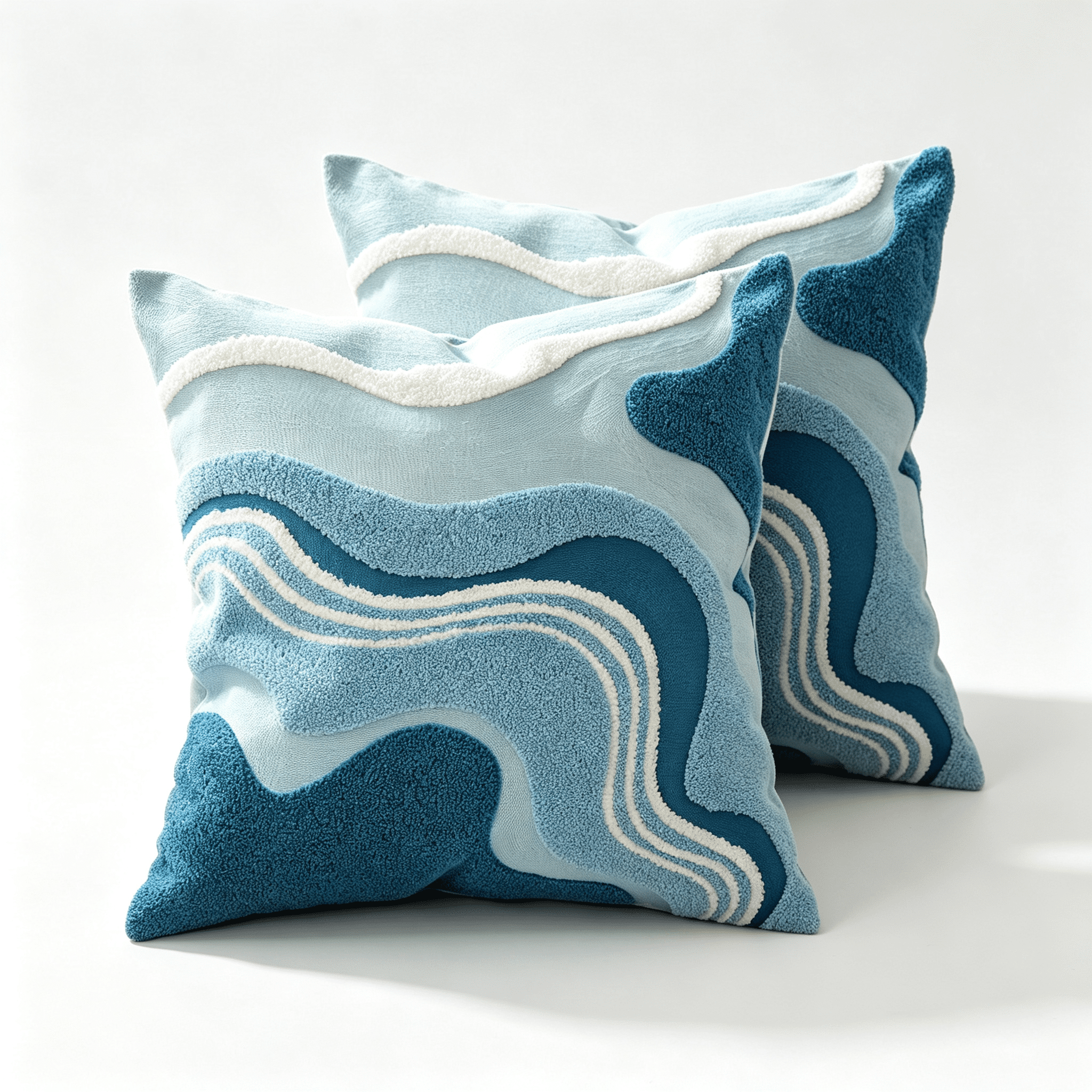 Phantoscope Tufted Wave Pattern Decorative Throw Pillows with Inserts, Abstract Curved Cushion, Blue and White, 18 x 18 in, Pack of 2 (1 Pillow per Pack)