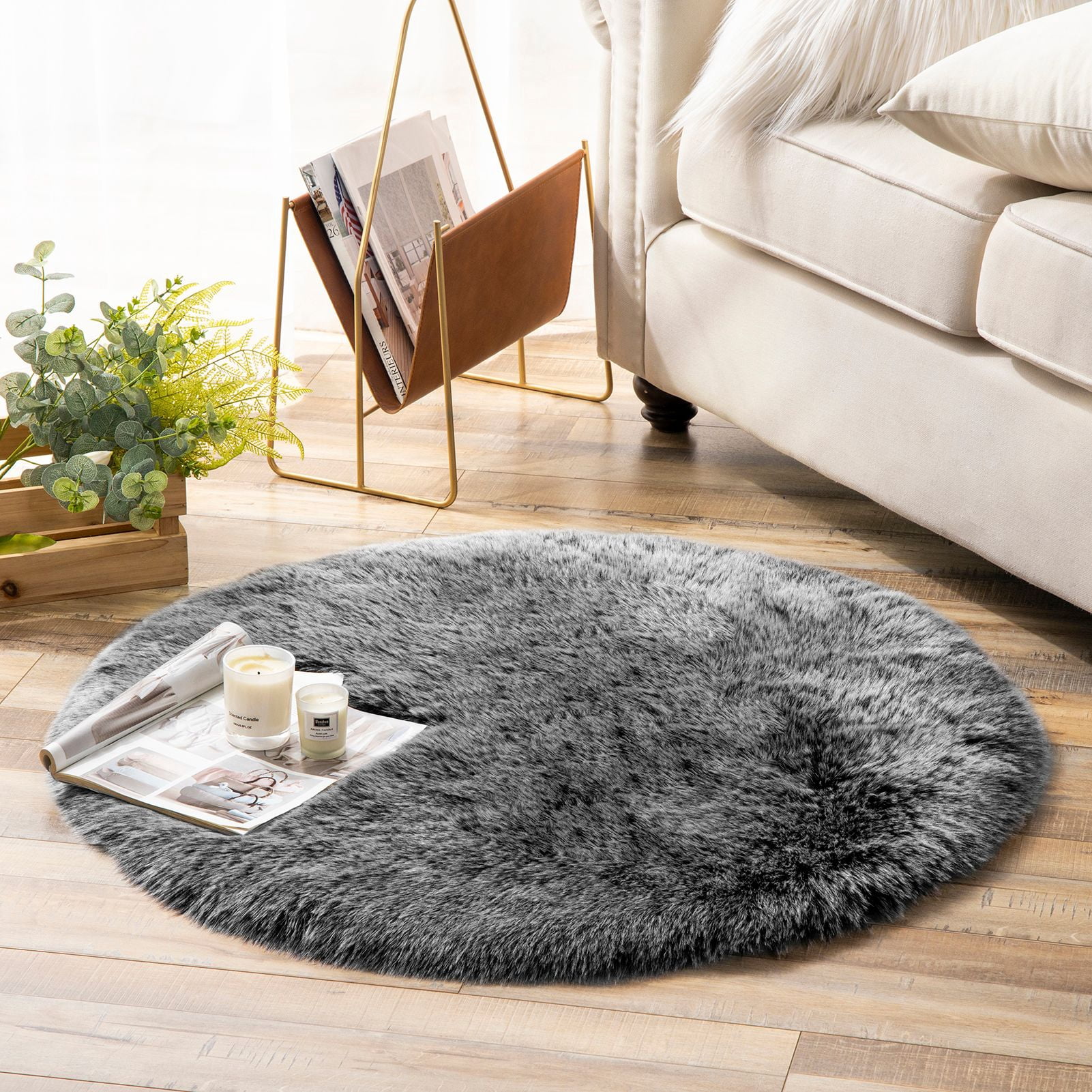 Phantoscope Ultra Soft Faux Fox Fur Black, Indoor Area Rug, 3 x 3 ft, Round