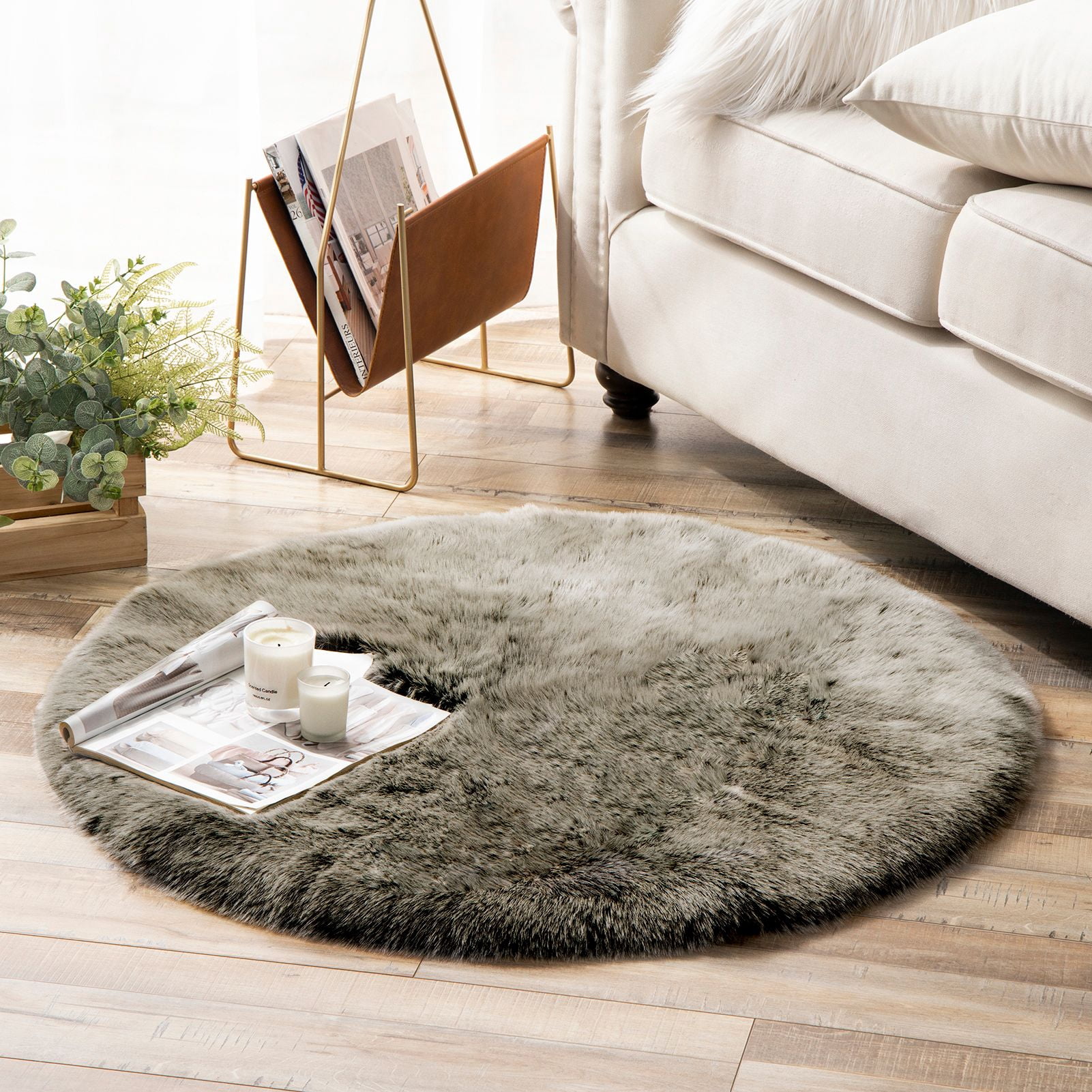 Phantoscope Ultra Soft Faux Fox Fur Grey, Indoor Area Rug, 3 x 3 ft, Round