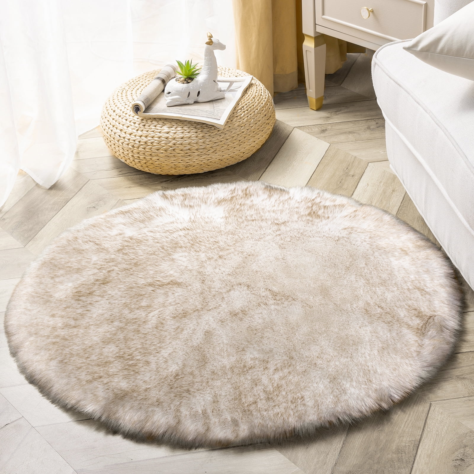 Phantoscope Ultra Soft Faux Fox Fur Light Brown, Indoor Area Rug, 3 x 3 ft, Round