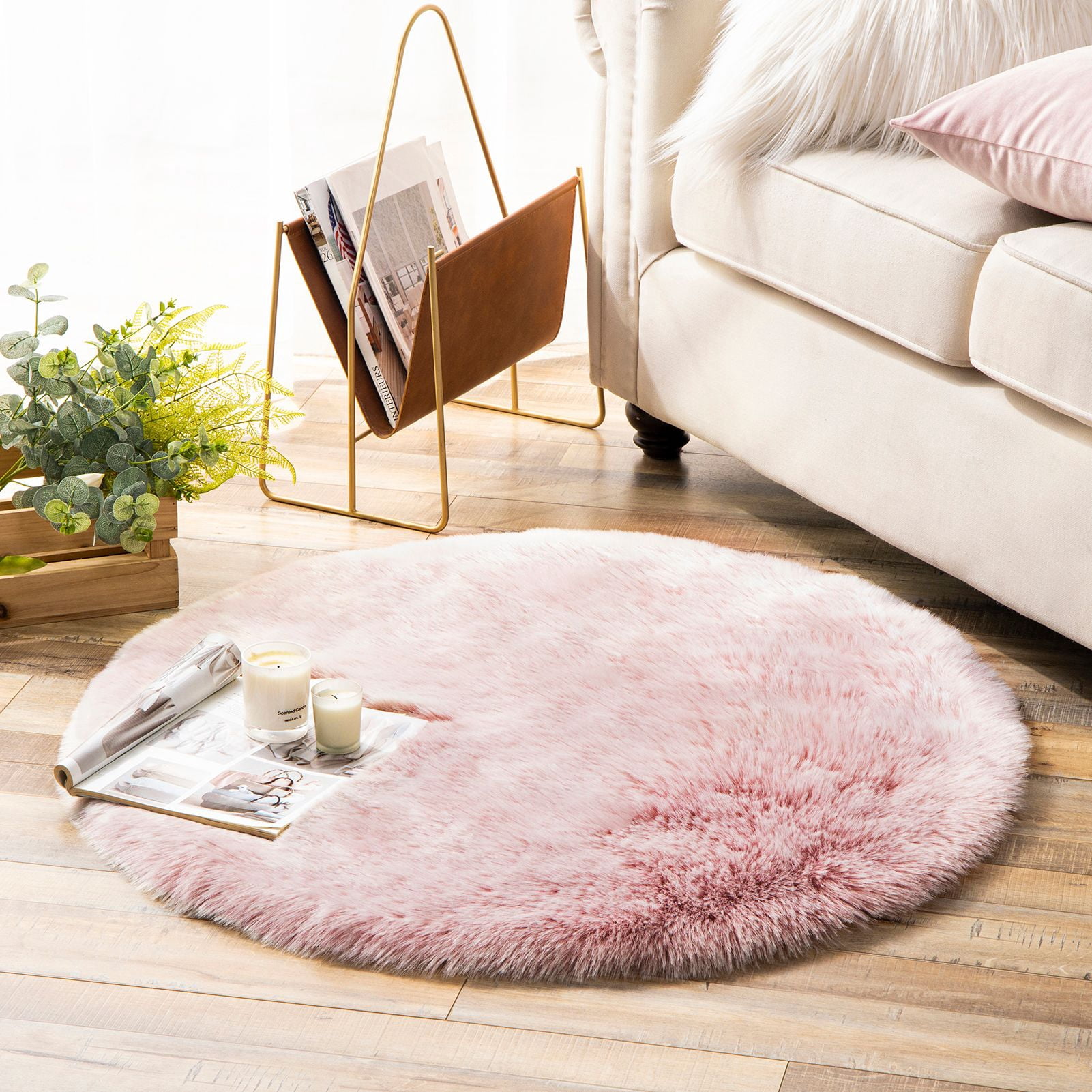 Phantoscope Ultra Soft Faux Fox Fur Pink, Indoor Area Rug, 3 x 3 ft, Round