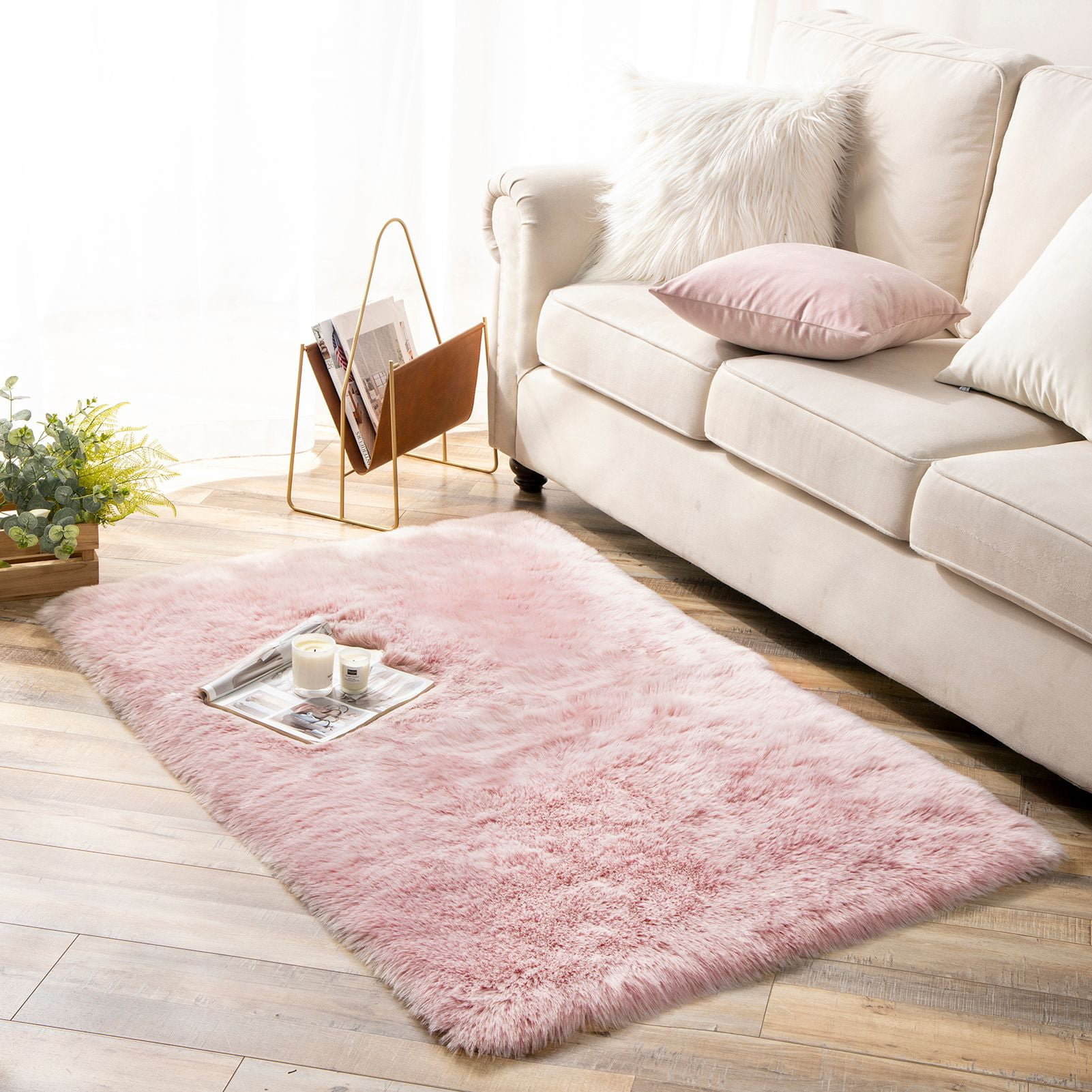Phantoscope Ultra Soft Faux Fox Fur Pink, Indoor Area Rug, 3 x 5 ft, Rectangle