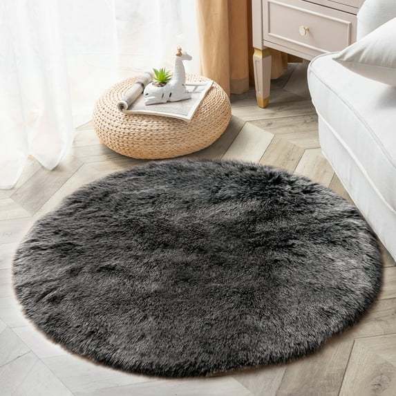 Phantoscope Ultra Soft Faux Fox Fur Series Decorative Indoor Area Rug 3 x 3 Feet Round, Black with White Tip, 1 Pack