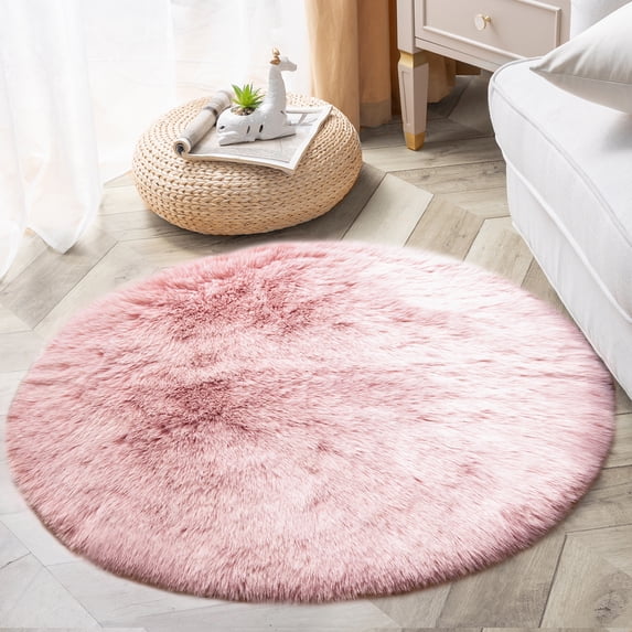 Phantoscope Ultra Soft Faux Fox Fur Series Decorative Indoor Area Rug 3 x 3 Feet Round, Pink with White Tip, 1 Pack