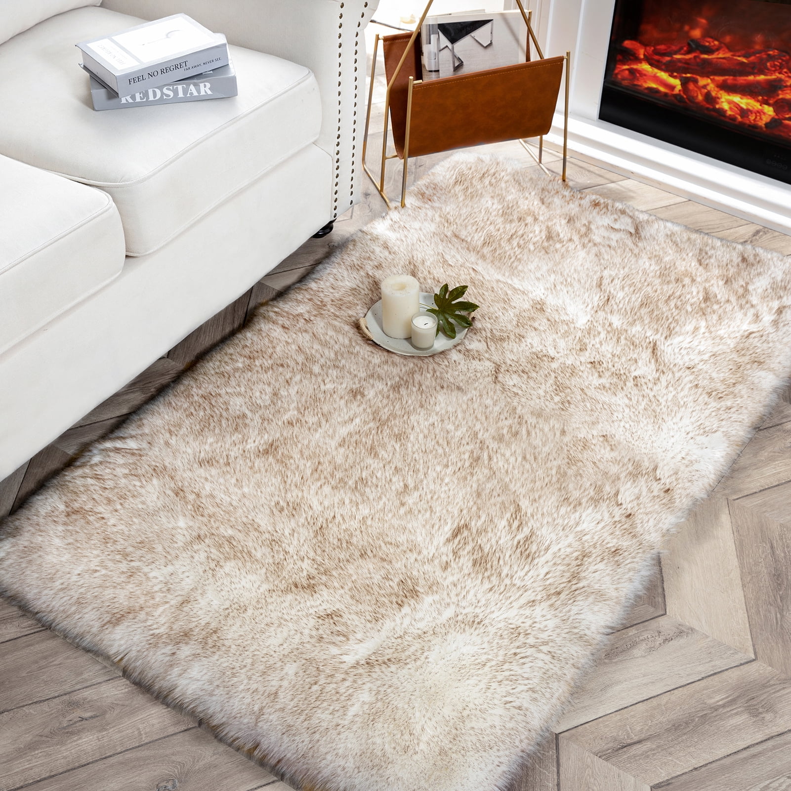 Phantoscope Ultra Soft Faux Fox Fur Series Decorative Indoor Area Rug 3x5 Feet Rectangle, White with Brown Tip, 1 Pack