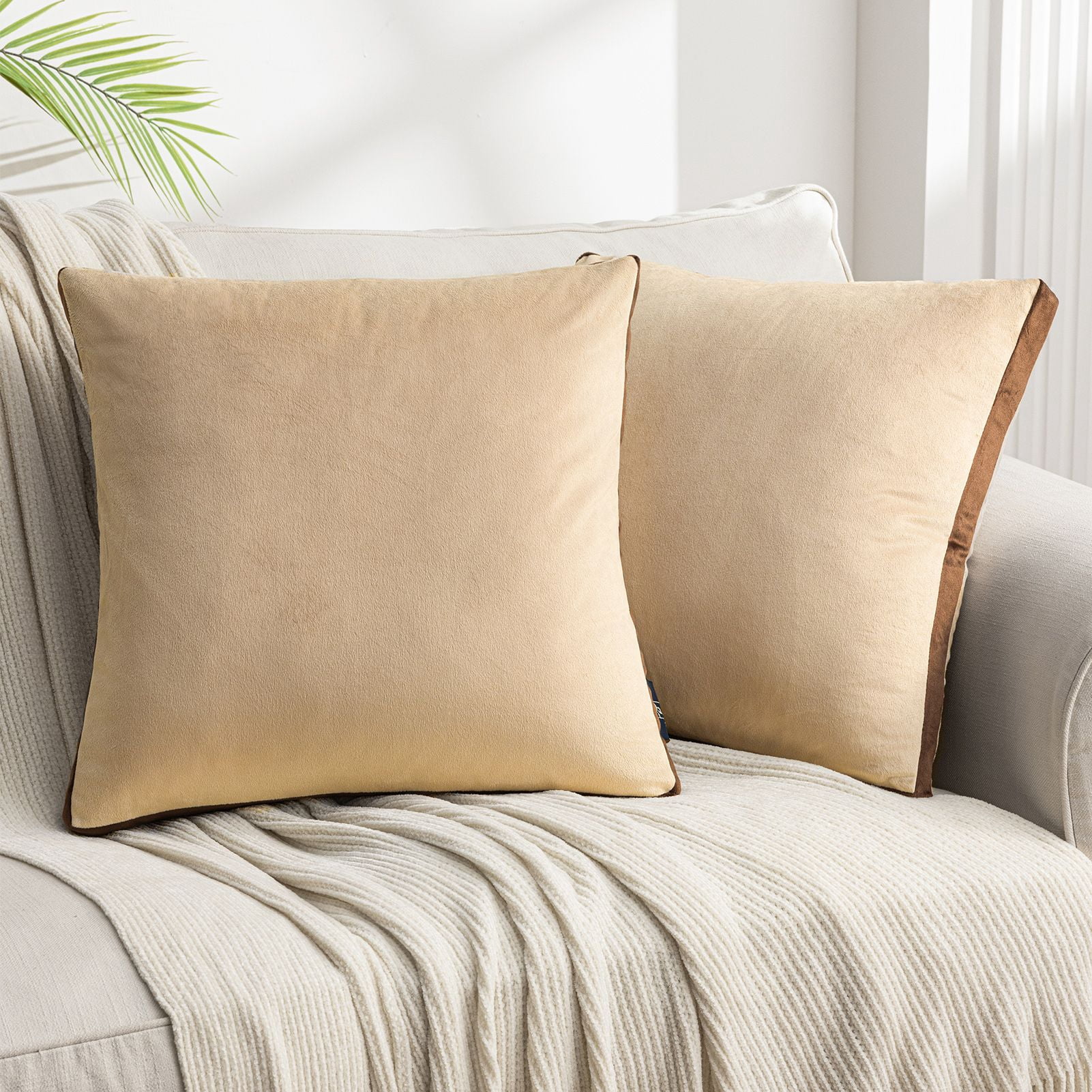 Phantoscope Velvet Decorative Throw Pillows with Inserts, 3D Patchwork Design, 18 x 18 in, Beige, 2 Pack