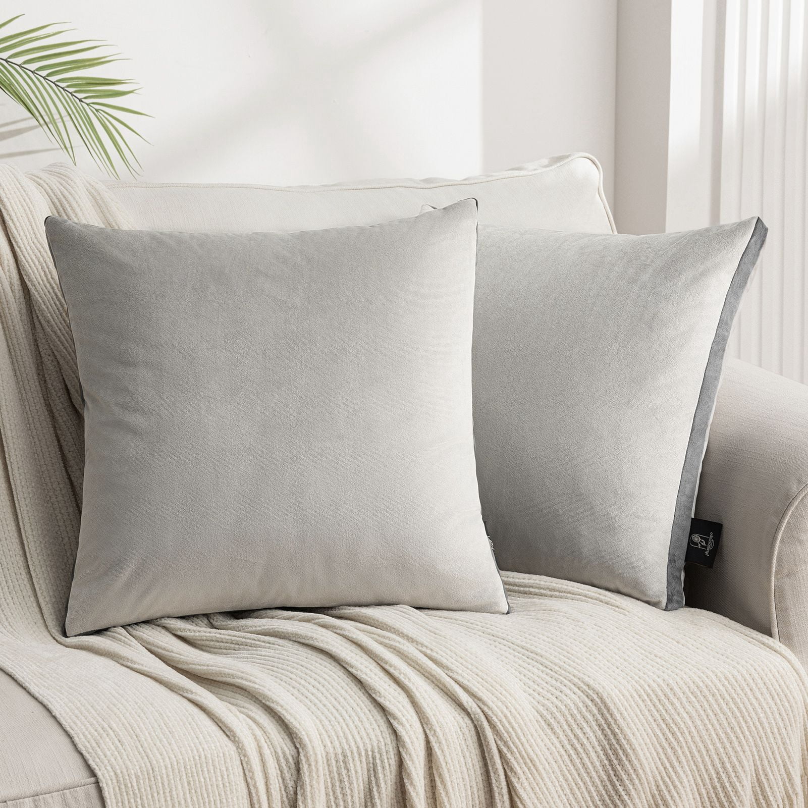 Phantoscope Velvet Decorative Throw Pillows with Inserts, 3D Patchwork Design, 18 x 18 in, Light Gray, 2 Pack