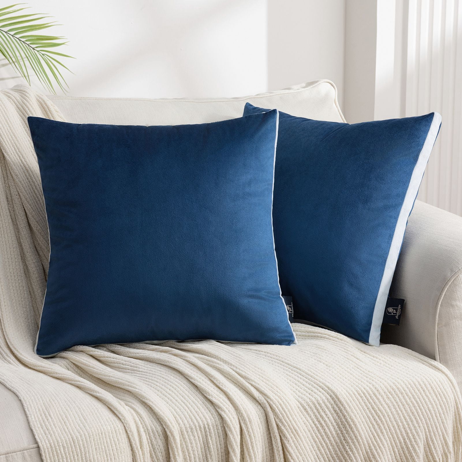 Phantoscope Velvet Decorative Throw Pillows with Inserts, 3D Patchwork Design, 18 x 18 in, Navy Blue, 2 Pack