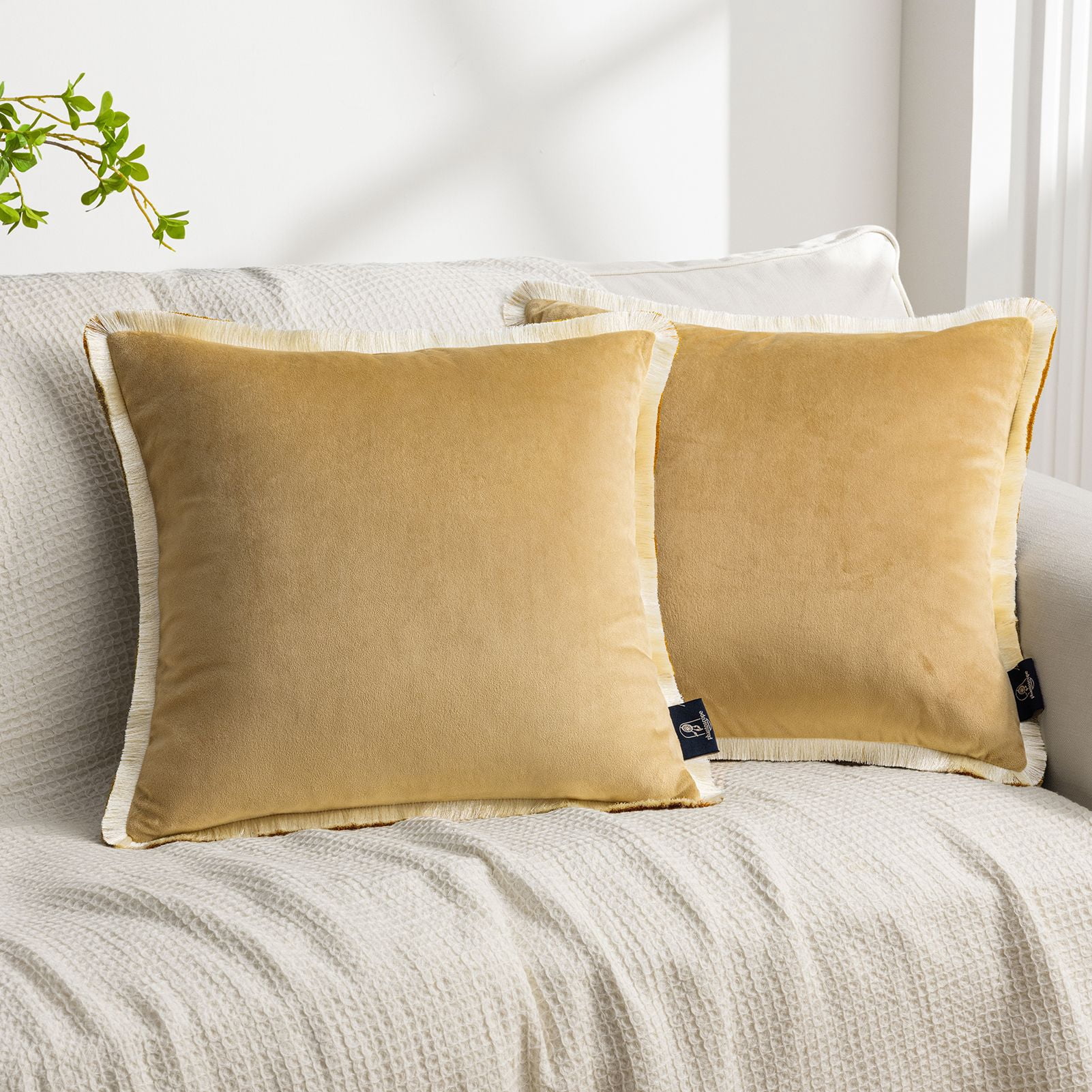 Phantoscope Velvet Decorative Throw Pillows with Inserts, Double-Sided Two-Tone Tassel Trim, 18 x 18 in, Beige, 2 Pack