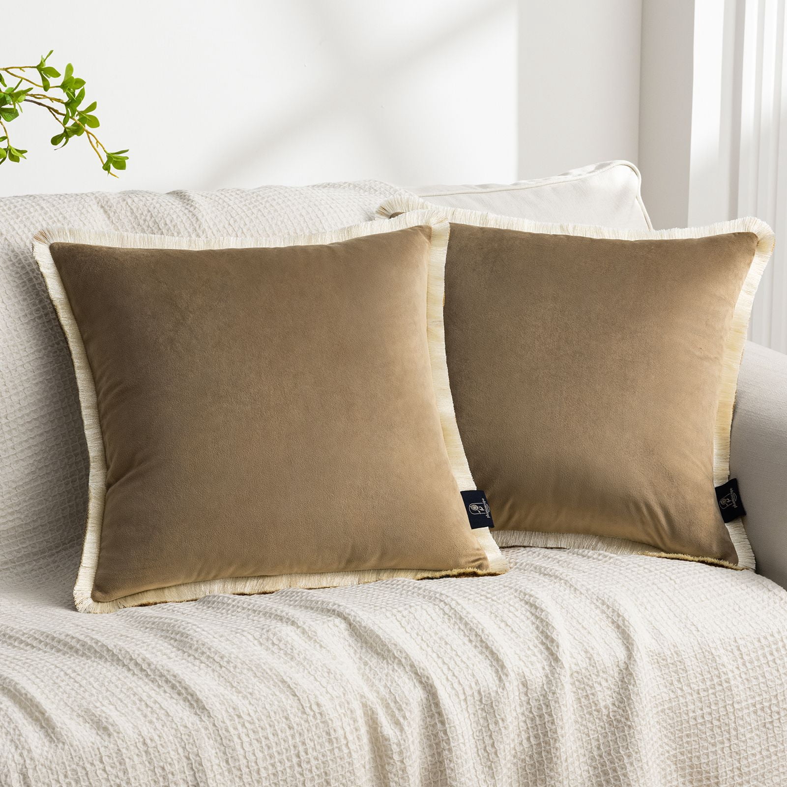 Phantoscope Velvet Decorative Throw Pillows with Inserts, Double-Sided Two-Tone Tassel Trim, 18 x 18 in, Light Coffee, 2 Pack