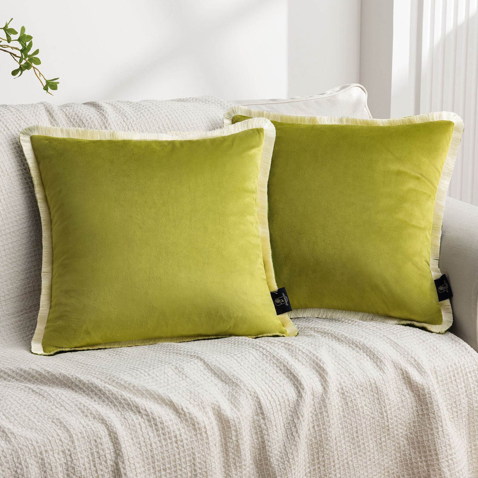 Phantoscope Velvet Decorative Throw Pillows with Inserts, Double-Sided Two-Tone Tassel Trim, 18 x 18 in, Light Green, 2 Pack
