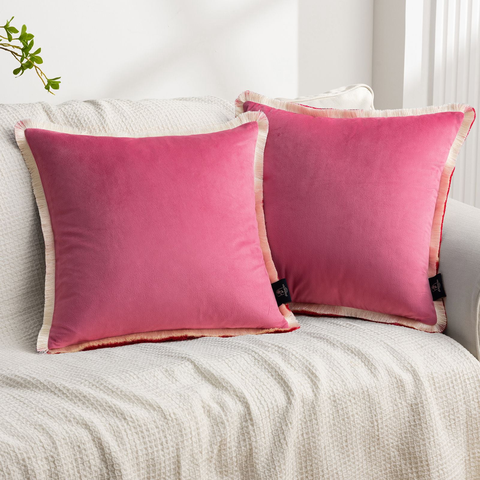 Phantoscope Velvet Decorative Throw Pillows with Inserts, Double-Sided Two-Tone Tassel Trim, 18 x 18 in, Pink, 2 Pack