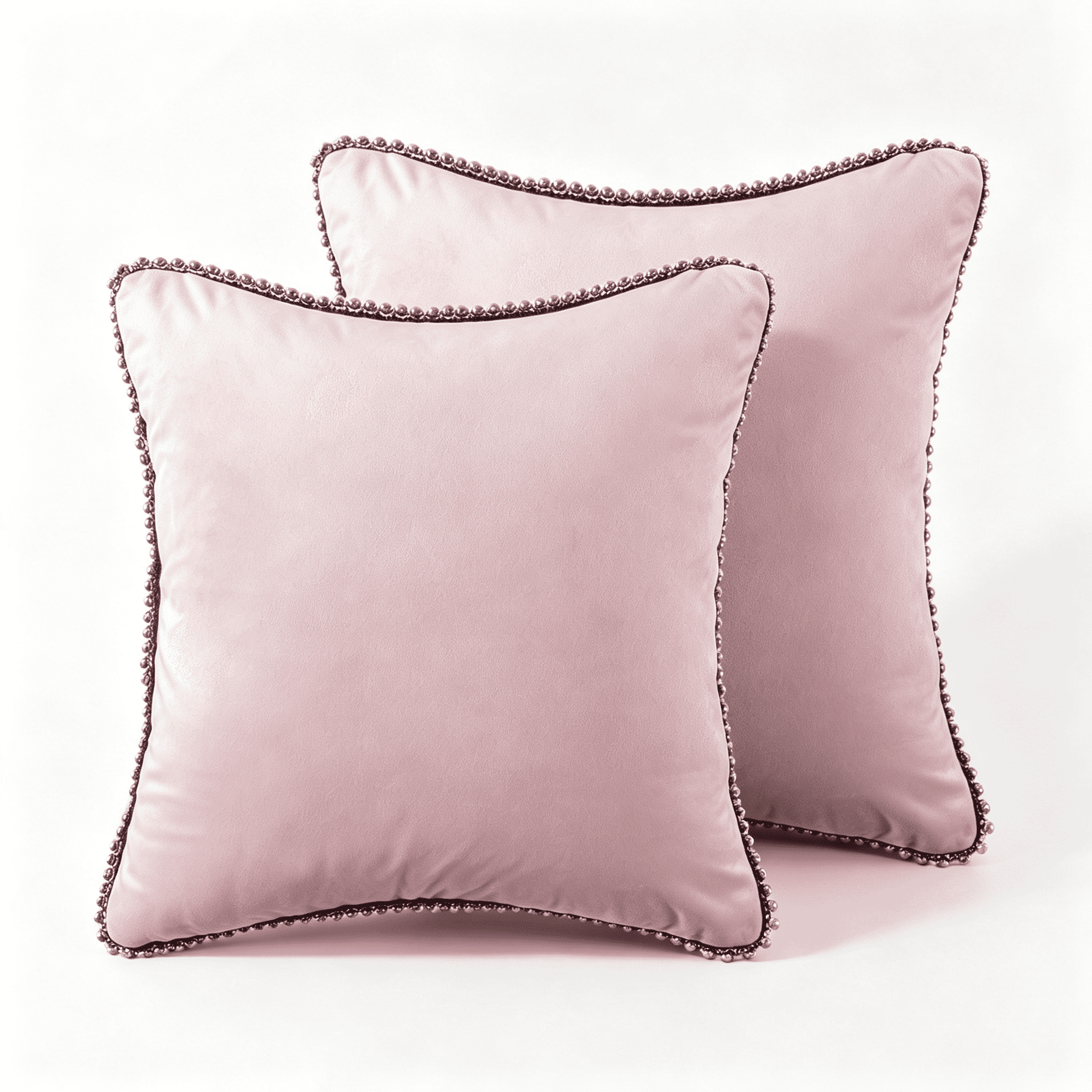 Phantoscope Velvet Decorative Throw Pillows with Inserts, Particle Trim, 18 x 18 in, Light Pink, 2 Pack