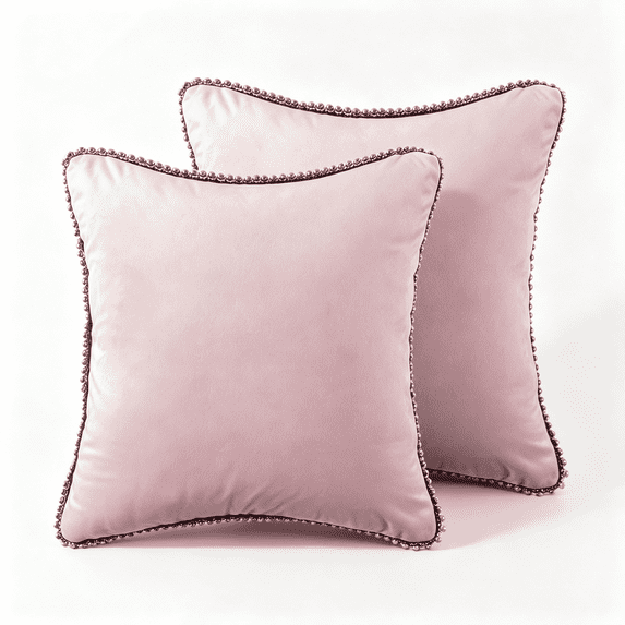 Phantoscope Velvet Decorative Throw Pillows with Inserts, Particle Trim, 18 x 18 in, Light Pink, 2 Pack