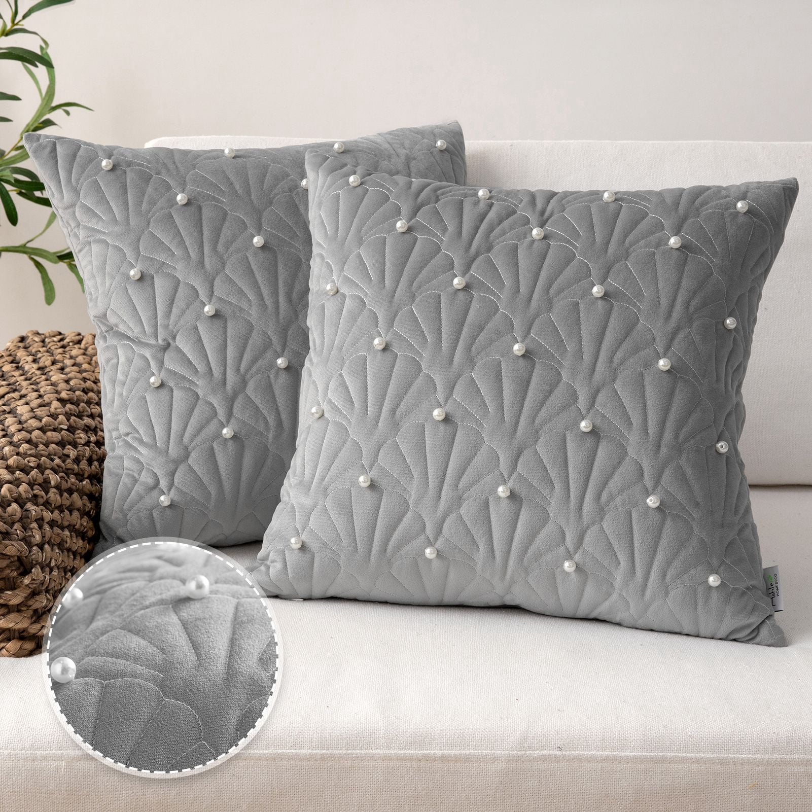 Phantoscope Velvet Decorative Throw Pillows with Inserts, Pearl Shell Quilted Design, 18 x 18 in, Dark Gray, 2 Pack