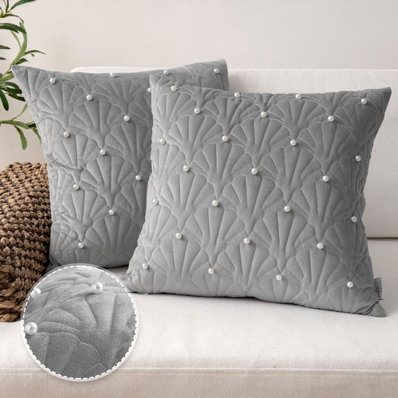 Phantoscope Velvet Decorative Throw Pillows with Inserts, Pearl Shell Quilted Design, 18 x 18 in, Dark Gray, 2 Pack