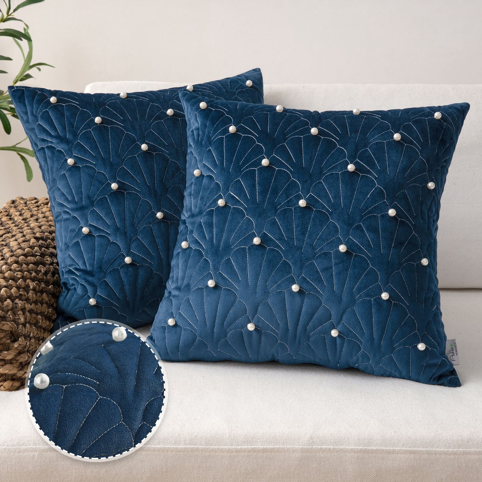 Phantoscope Velvet Decorative Throw Pillows with Inserts, Pearl Shell Quilted Design, 18 x 18 in, Navy Blue, 2 Pack