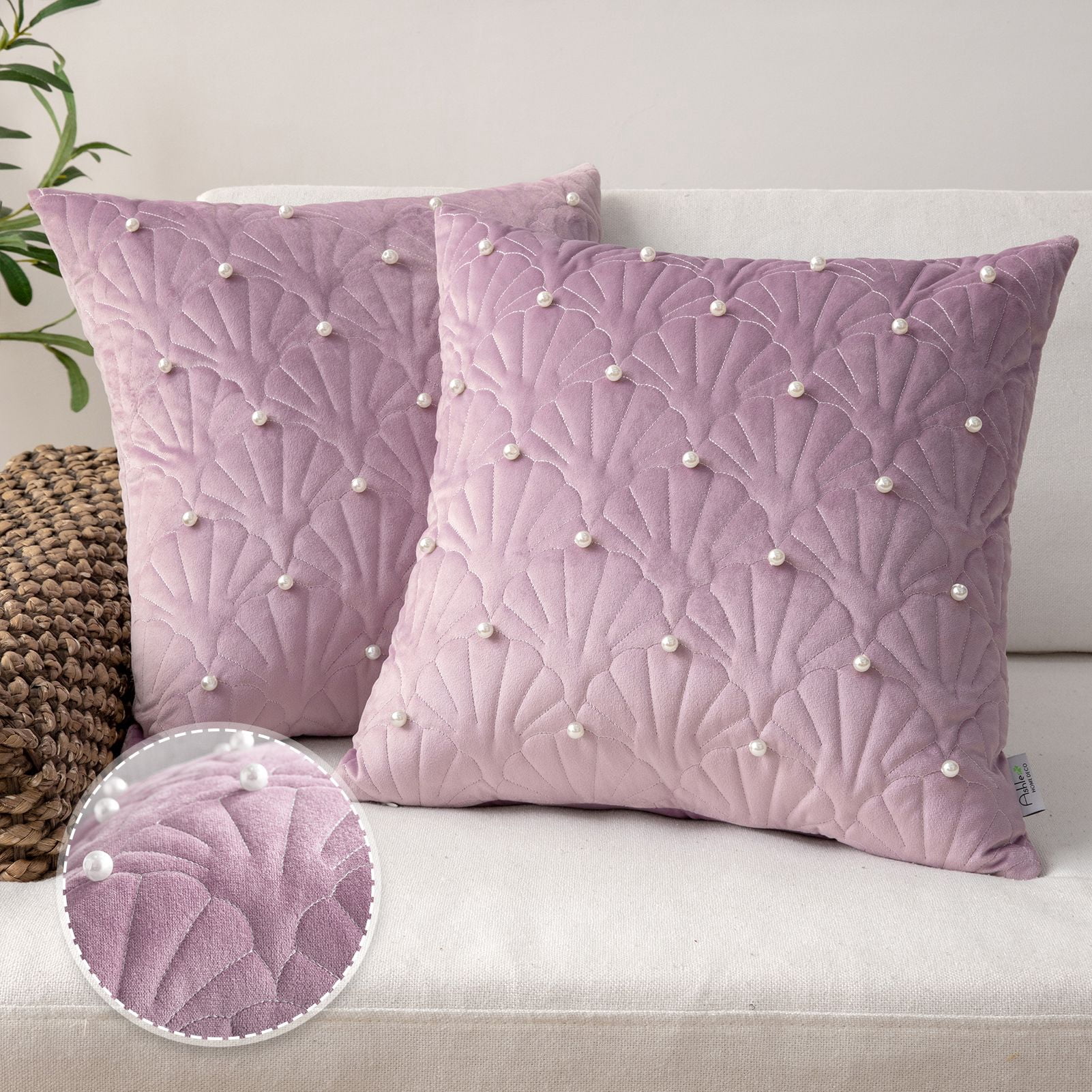 Phantoscope Velvet Decorative Throw Pillows with Inserts, Pearl Shell Quilted Design, 18 x 18 in, Purple, 2 Pack