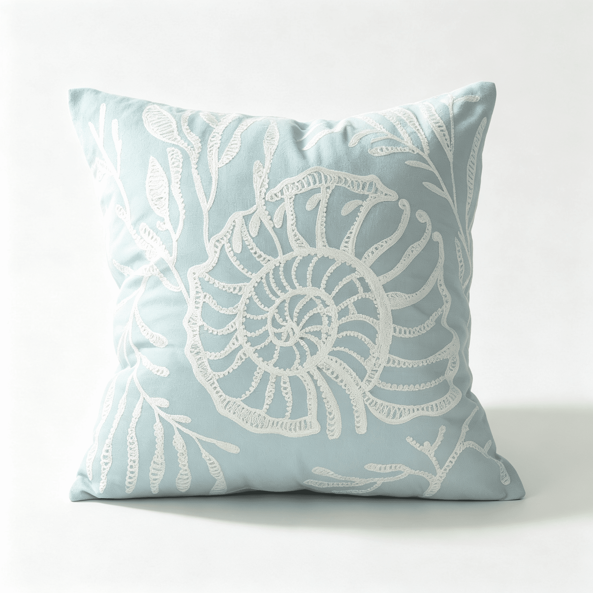Phantoscope Velvet Embroidered Conch Seashell Throw Pillow, Coastal Coral Design, Light Blue, 18 x 18 in, 1 Pack
