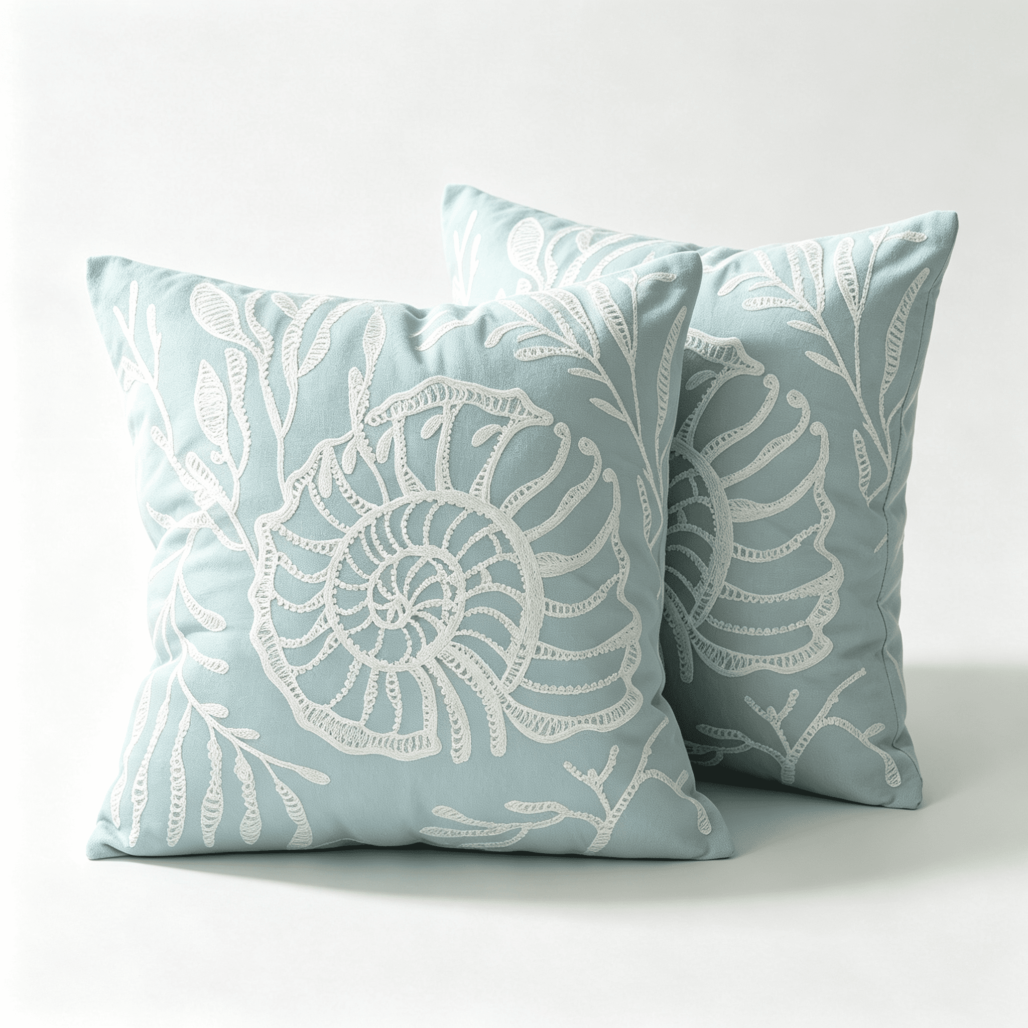 Phantoscope Velvet Embroidered Conch Seashell Throw Pillows, Coastal Coral Design, Light Blue, 18 x 18 in, Set of 2