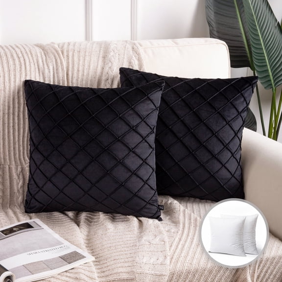 Phantoscope Velvet Pleated Checker Decorative Throw Pillows with Inserts, 18 x 18 Inch, Black, Soft Square Accent Cushions for Sofa Couch Bed, Set of 2