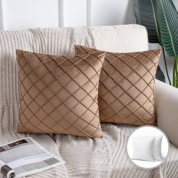Phantoscope Velvet Series Pleated Checker Decorative Throw Pillow, 18" x 18", Brown, 2 Pack