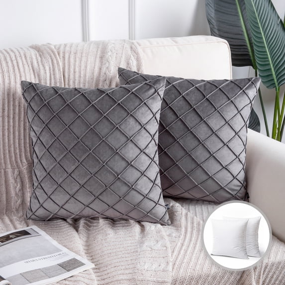 Phantoscope Velvet Series Pleated Checker Decorative Throw Pillow, 18" x 18", Grey, 2 Pack