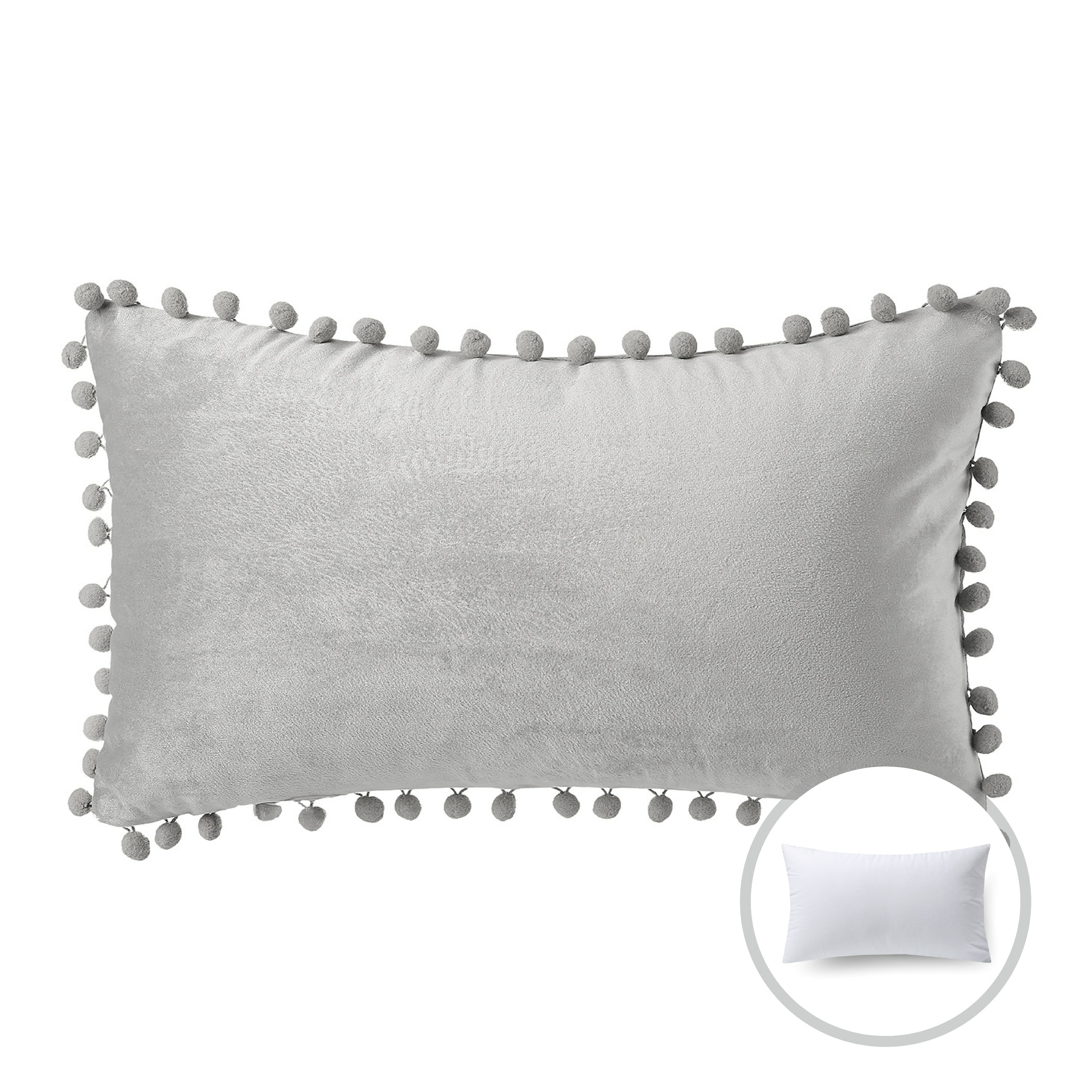 Phantoscope Velvet Series Pom Pom Rectangle Decorative Throw Pillow, 12" x 20", Gray, 1 Pack