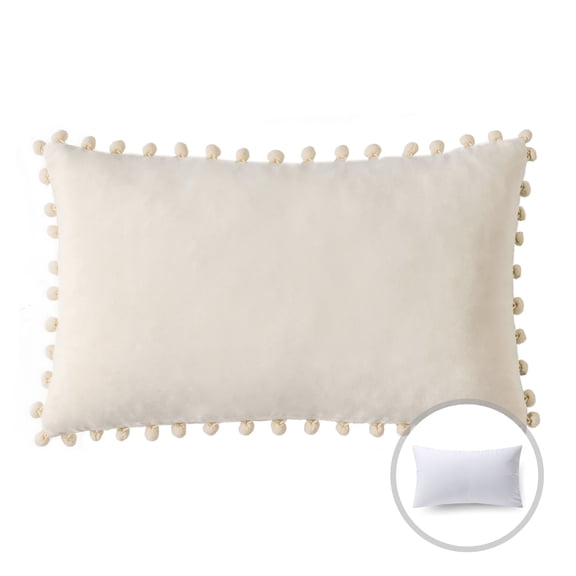 Phantoscope Velvet Series Pom Pom Rectangle Decorative Throw Pillow, 12" x 20", Off White, 1 Pack