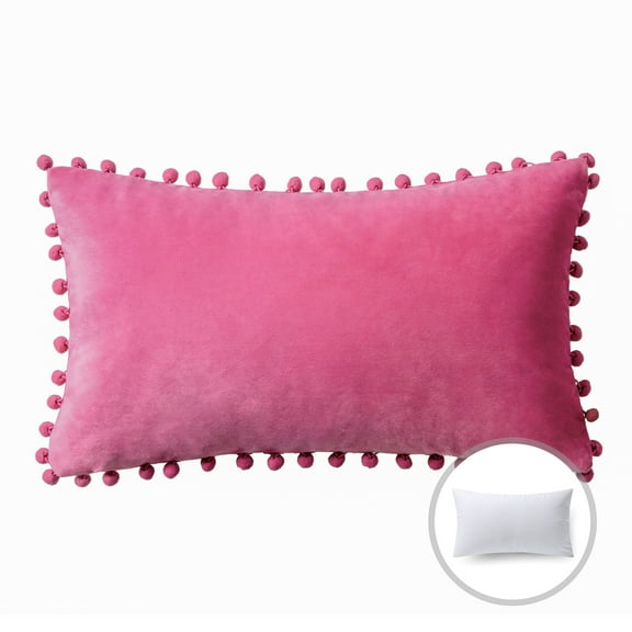 Phantoscope Velvet Series Pom Pom Rectangle Decorative Throw Pillow, 12" x 20", Pink, 1 Pack