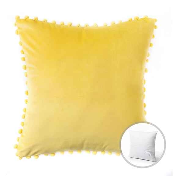 Phantoscope Velvet Series Pom Pom Square Decorative Throw Pillow, 18" x 18", Yellow, 1 Pack
