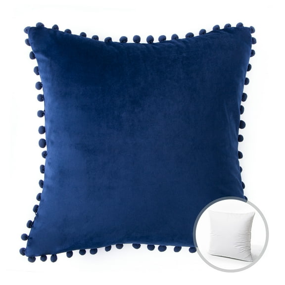 Phantoscope Velvet Series Pom Pom Square Decorative Throw Pillow, 20" x 20", Navy, 1 Pack