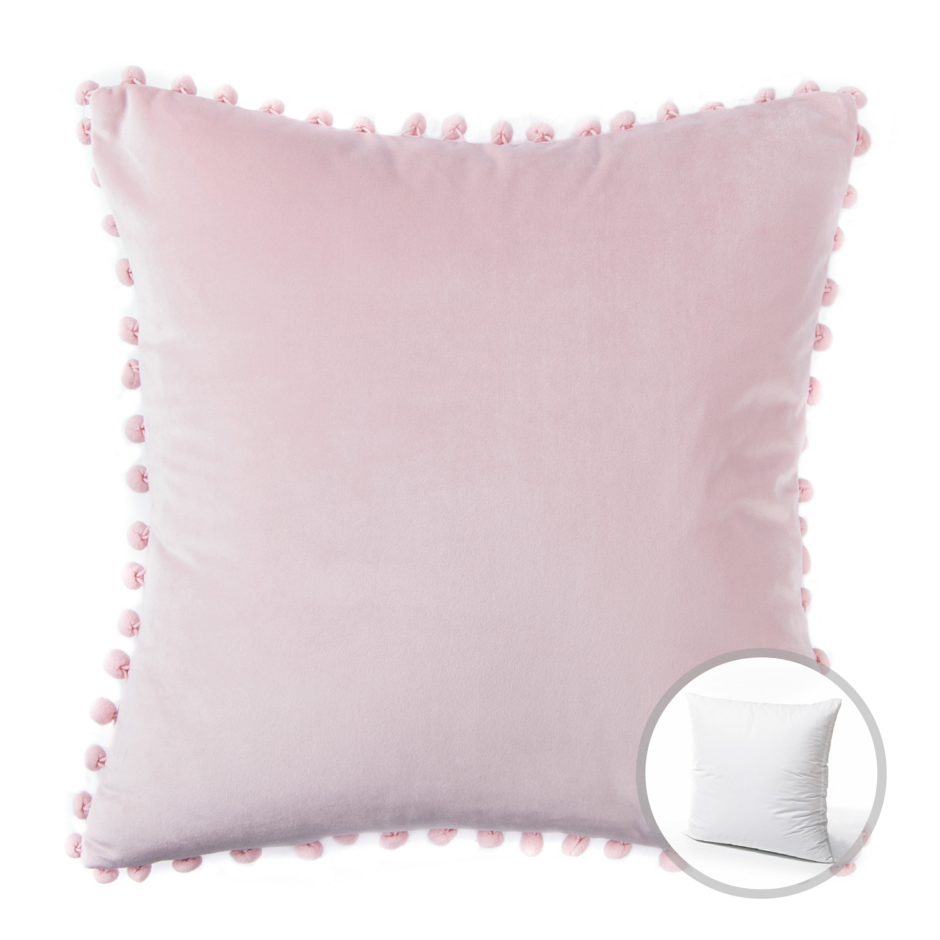 Phantoscope Silky Velvet Series Pom Pom Decorative Throw Pillow with Insert, 22 inch x 22 inch, Pink, 2 Pack