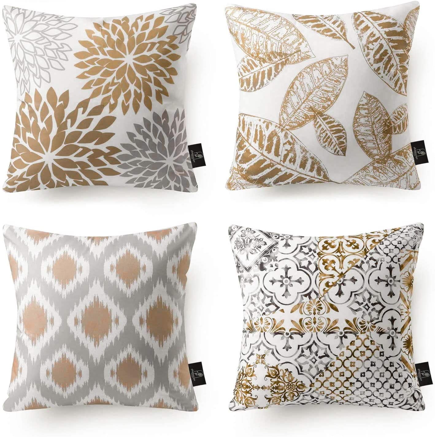 Set of 4 Geometric and Floral Linen Blend Pillow Covers, 18x18 Inch, Brown and Grey