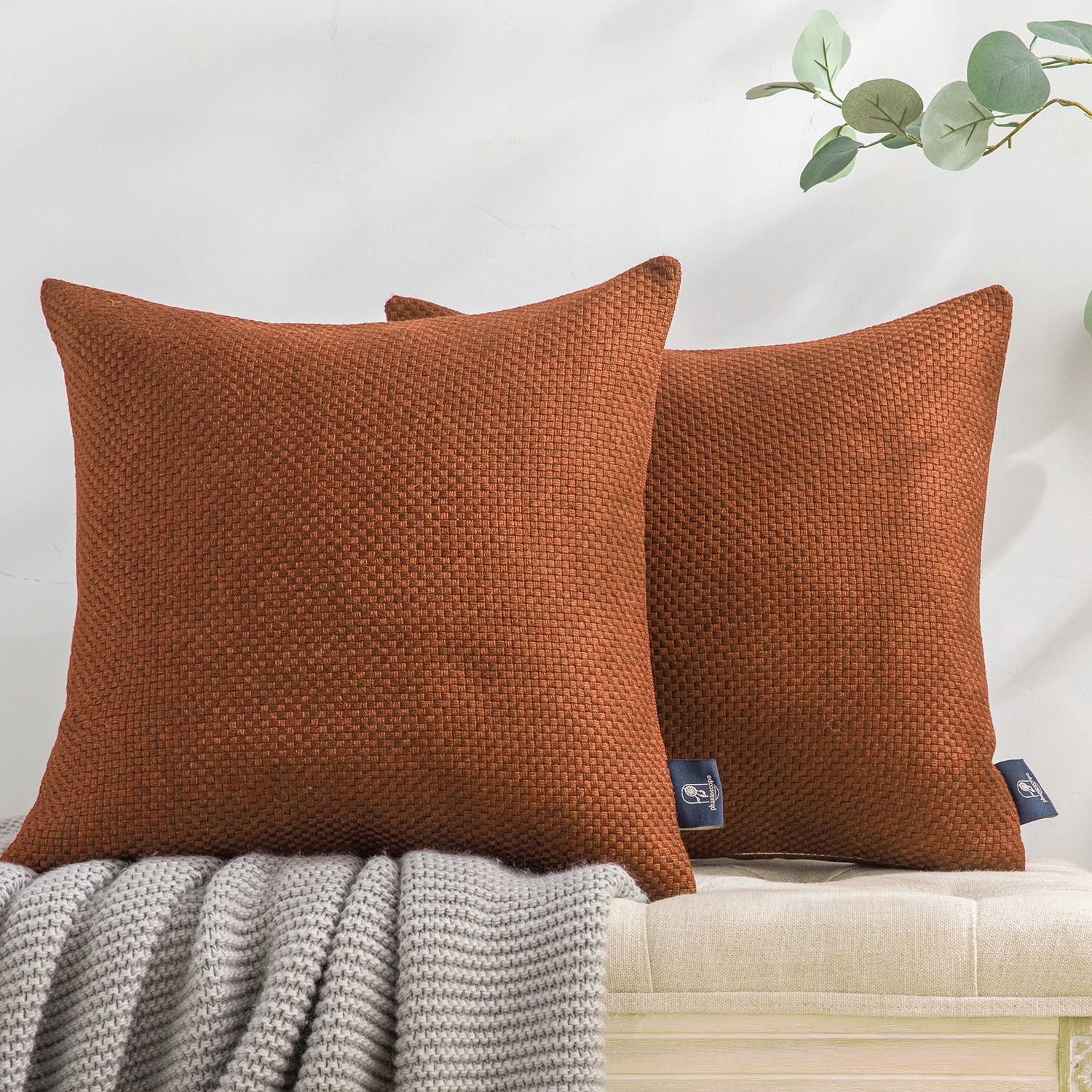Phantoscope Woven Textured Checker Pattern Decorative Throw Pillows with Inserts, 18 x 18 in, Deep Coffee, 2 Pack