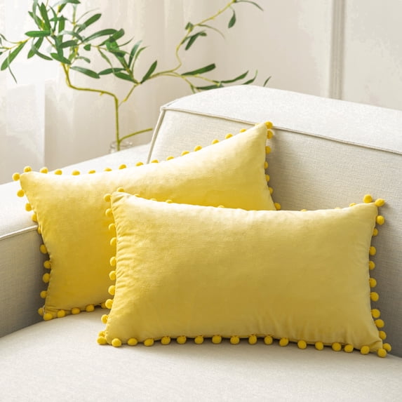 Phantoscope Yellow Throw Pillow Covers 2 Pack, 12" x 20" Velvet Decorative Pillow Cases with Pom Poms, Soft Square Cushion Covers for Couch Sofa Bed