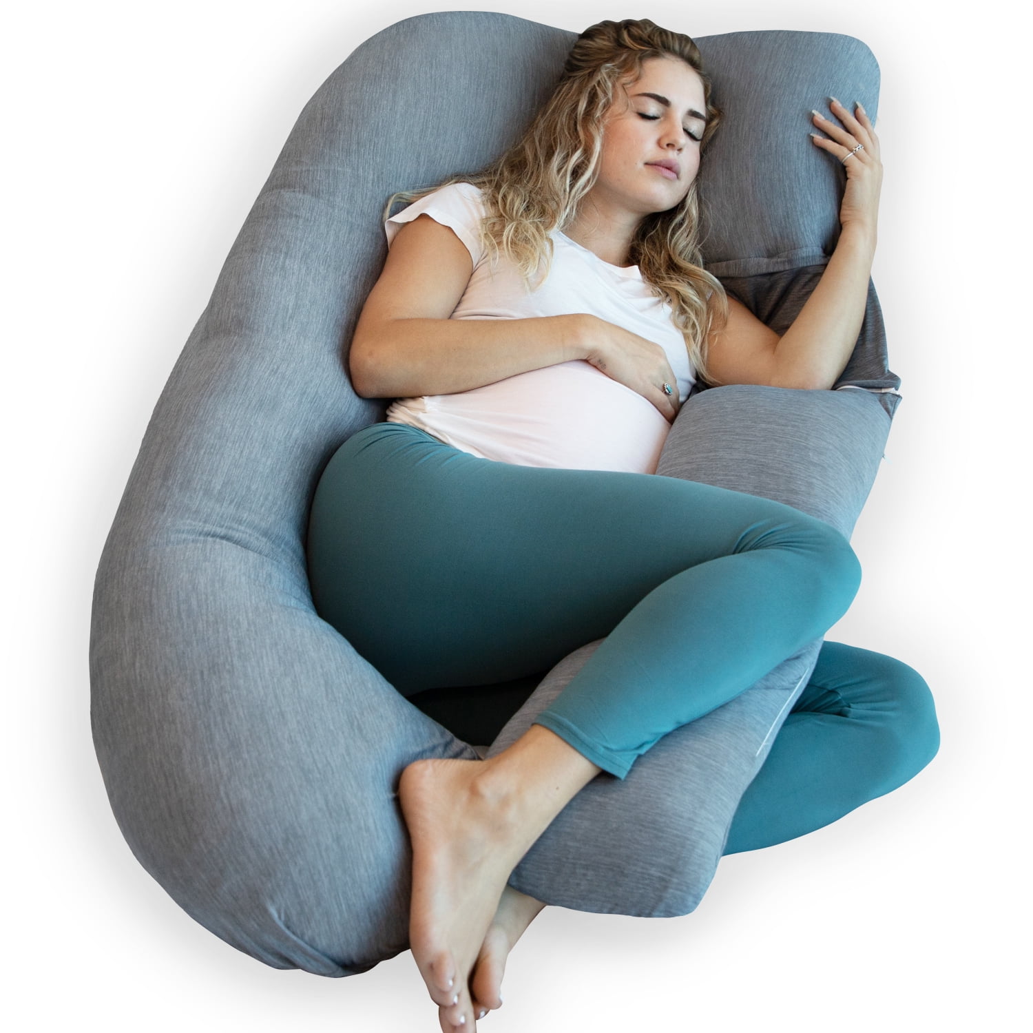 Pharmedoc Pregnancy Pillow, U-Shape Cooling Cover - Dark Grey with Detachable Side - Support for Back, Hips, Legs, Belly for Pregnant Women, Blue