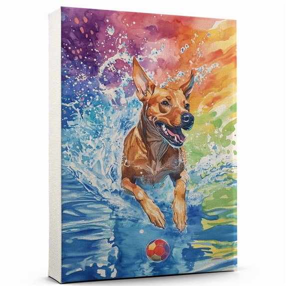 Pharaoh Hound Dog Playing Swimming Stretched Canvas Size 8x12 – Sports Dog, Perfect for Animal Lovers, Pharaoh Hound Dog Canvas, Swimming Canvas Size Wall Art