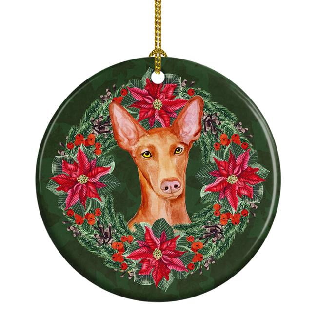 Pharaoh Hound Poinsetta Wreath Ceramic Ornament 2.8 in x 2.8 in