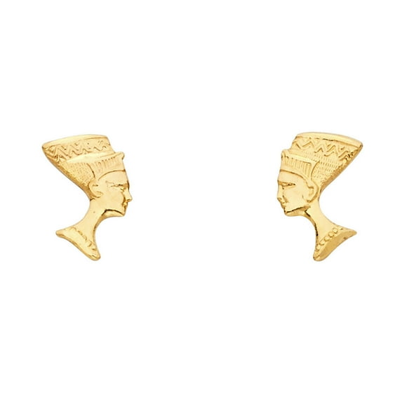 Pharaoh Stud Earrings Solid 14k Yellow Gold Cleopatra Egyptian Studs Polished Finish Fancy 13 x 7 mm